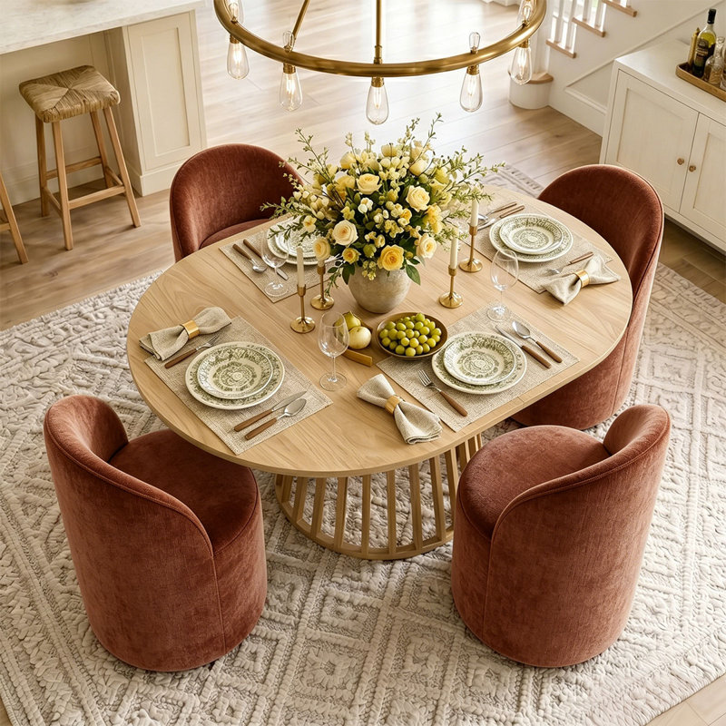 Ensemble de table de salle à manger pour 4 personnes avec table ovale extensible et 4 chaises roulantes revêtues de chenille