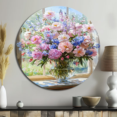 Julissia - Assorted Bouquets Round Metal Wall Decor, Traditional Pink Metal Art Print