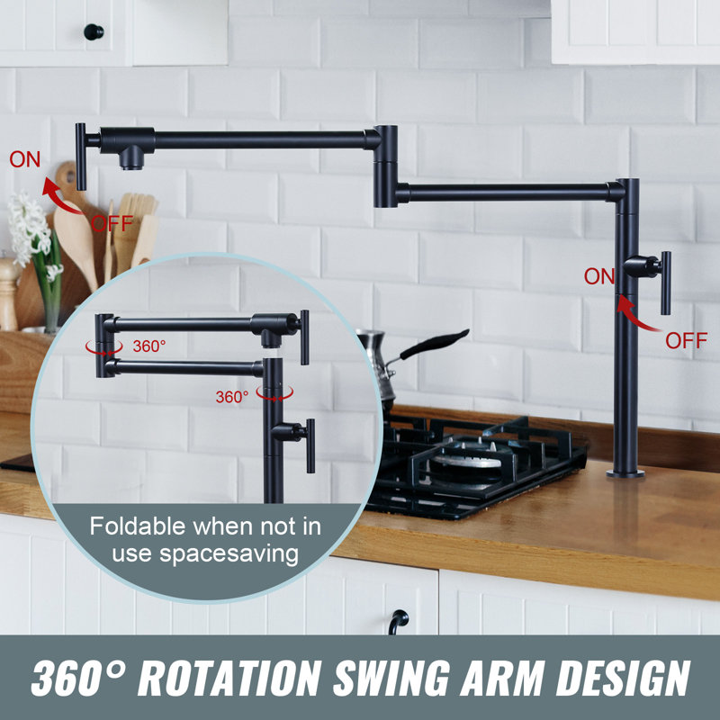 Deck Mounted Brass Pot Filler Kitchen Faucet with Double Handle and Joint Swing Arm, Matte Black