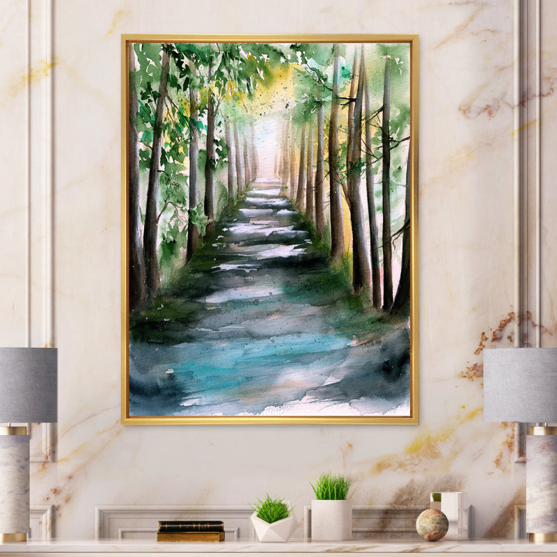 Une allée de forêt ensoleillée avec des ombres d'arbre - peinture sur toile, H 20 po x l 12 po, Toile à cadre flottant doré