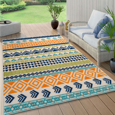 Duxbury Geometric Bohemian Indoor/Outdoor Area Rug Orange/Navy/Green