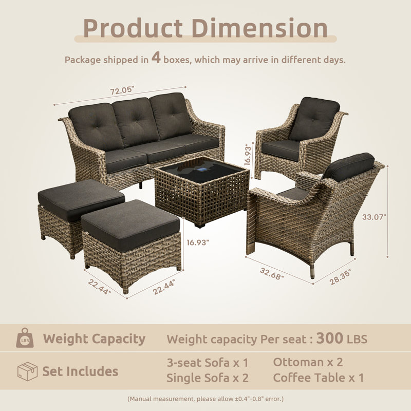 6 Piece Patio Furniture Conversation Sets With Solar Light Table,outdoor Wicker Furniture With Ottoman, All Weather Resistant Outside High Back Rattan Patio Set