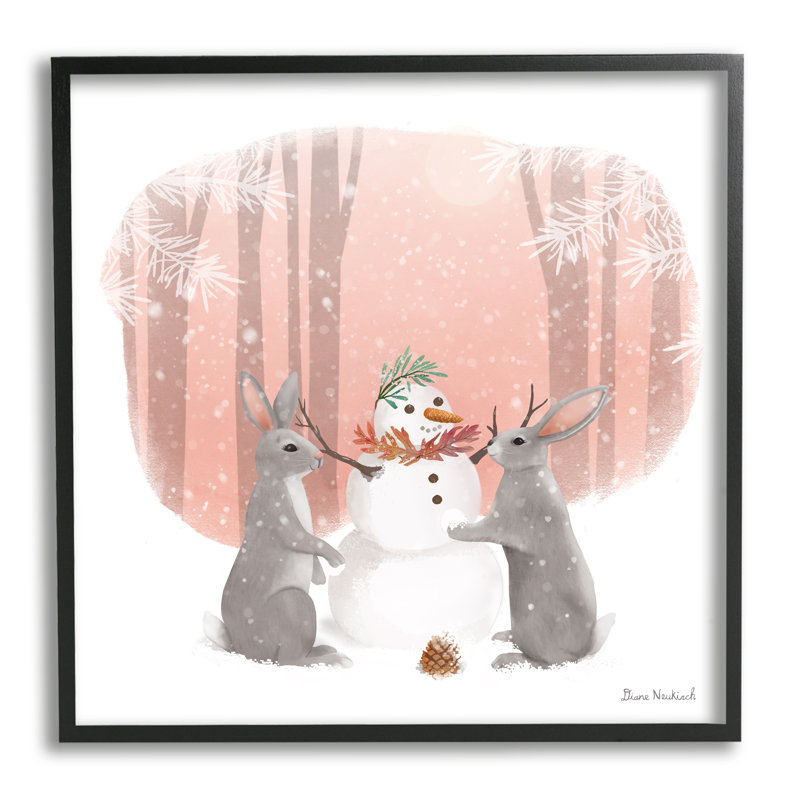 «Winter Rabbits Building Snowman Snowy Snow Scene», estampe numérique de Diane Neukirch, H 12 po x l 12 po x P 1,5 po