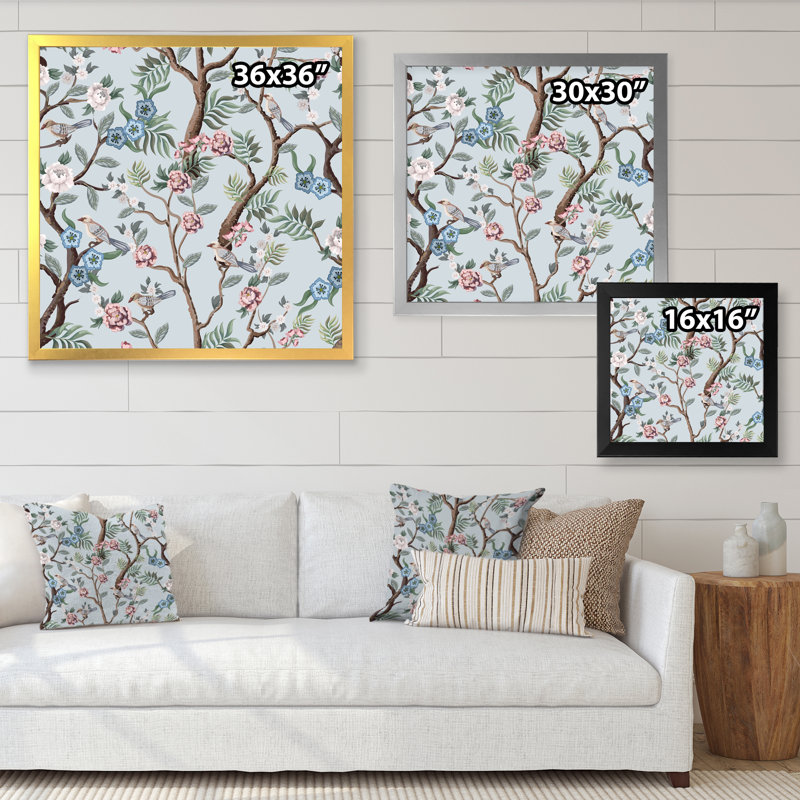 Chinoiserie avec oiseaux et pivoines X - peinture sur toile, H 30 po x l 30 po x P 1 po, Cadre doré