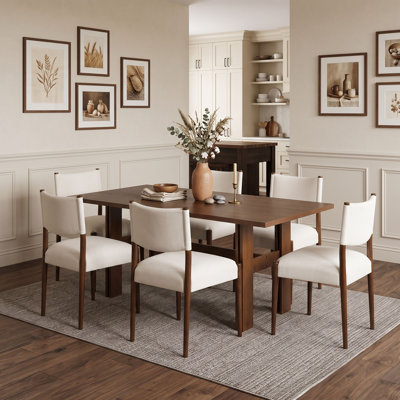 Farmhouse 7-Piece Wood Dining Set with Rectangular Table and 6 Upholstered Chairs