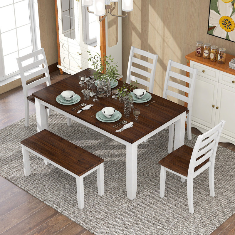 6 salles à manger de style rustique, finition noyer, conception ergonomique, siège de l 16,2 po, plateau de table en placage de bois massif + blanc chalet, chaises et banc