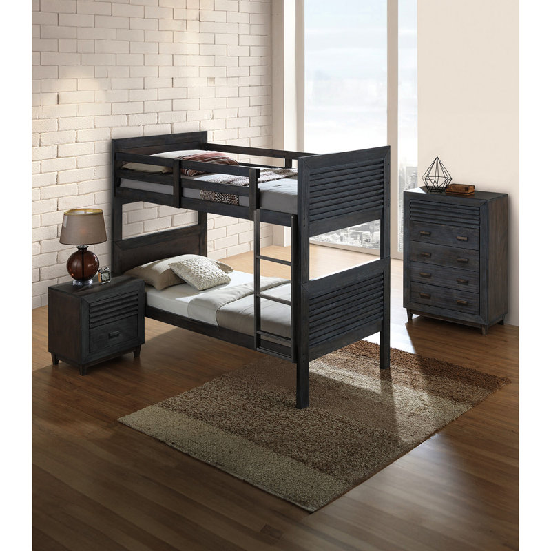 Lit simple superposé au-dessus de style transitionnel avec lit réversible, bois massif brun anthracite, conception à lattes, tête de lit à panneau et convertible pour la chambre à coucher