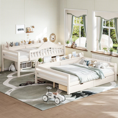 Lit superposé en bois massif (1 place en haut, 1 place en bas) avec tiroirs de rangement, étagères latérales, barrière de sécurité incurvée et échelle. Sommier non requis. Beige.