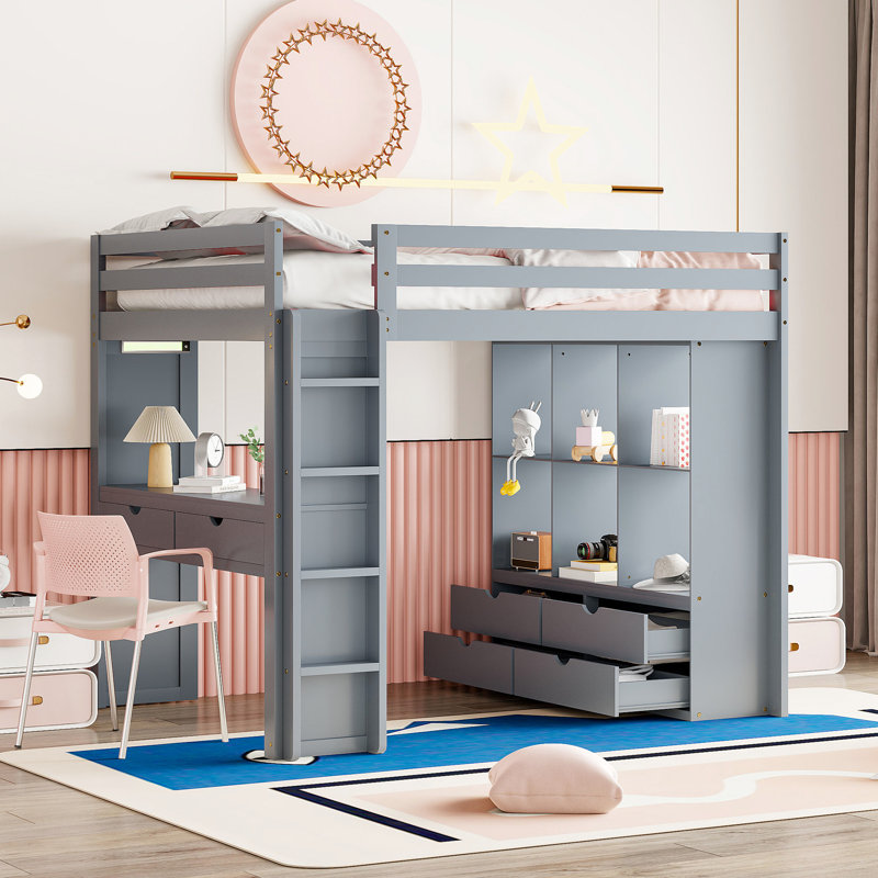 Lit mezzanine gris avec une quantité suffisante de bureau d'écriture et de tablettes, bureau fonctionnel, éclairage à DEL - taille élégante et sécuritaire dans une quantité suffisante de bois massif, pratique et stable