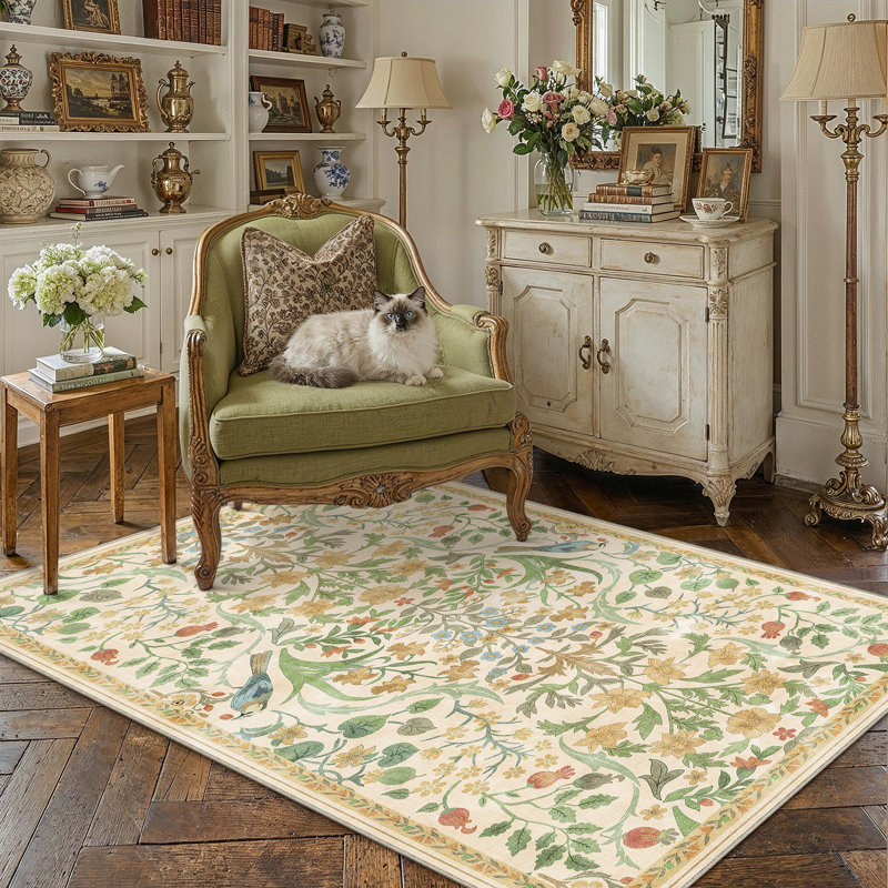 Tapis floral lavable en machine avec envers antidérapant Guston, Green, 0.28", Rectangle 9 pi x 12 pi