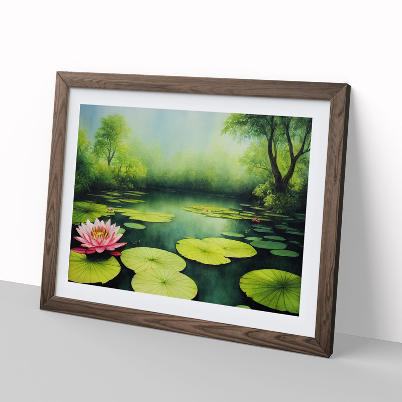 Watercolour Lily Pond Vol.1 - Single Picture Frame Painting, 25cm H x 34cm W x 2cm D, Walnut
