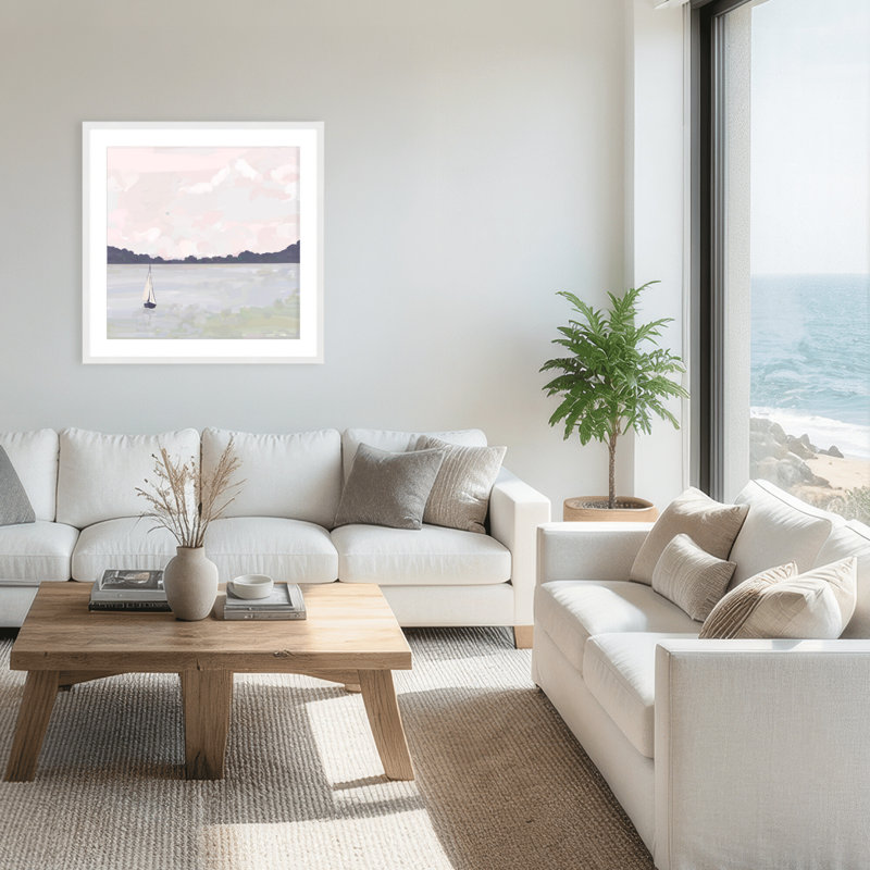 Coastal Retreat Sailing Through Abstraction, 16" H x 16" W x 1.125" D, Framed Matted Print, White