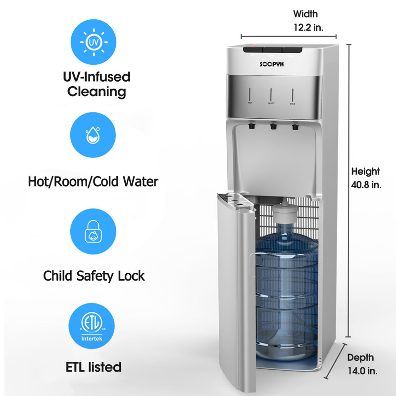 Soopyk Self Cleaning Bottom Loading Water Cooler Dispenser For 3-5 Gallon Bottles 3 Temperatures, Child Safety Lock, Led Display With Empty Bottle Alert, Silver