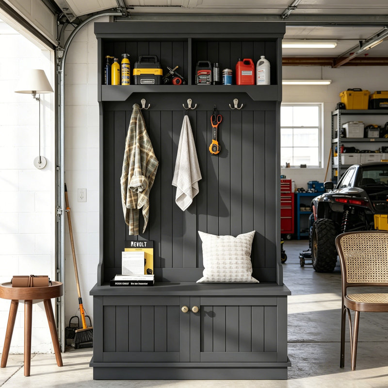 5-in-1 Garage Storage Cabinet with Bench, Coat Rack, Organizer Hall Tree for Entryway or Garage, Black, Black