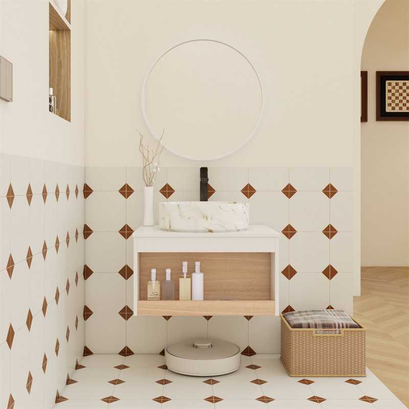24" Floating Bathroom Vanity with Gold Vein Marble Vessel Sink, Wall-Mounted Vanity with Open Shelf Storage Finish with Wood Accent, Space-Saving Modern Design