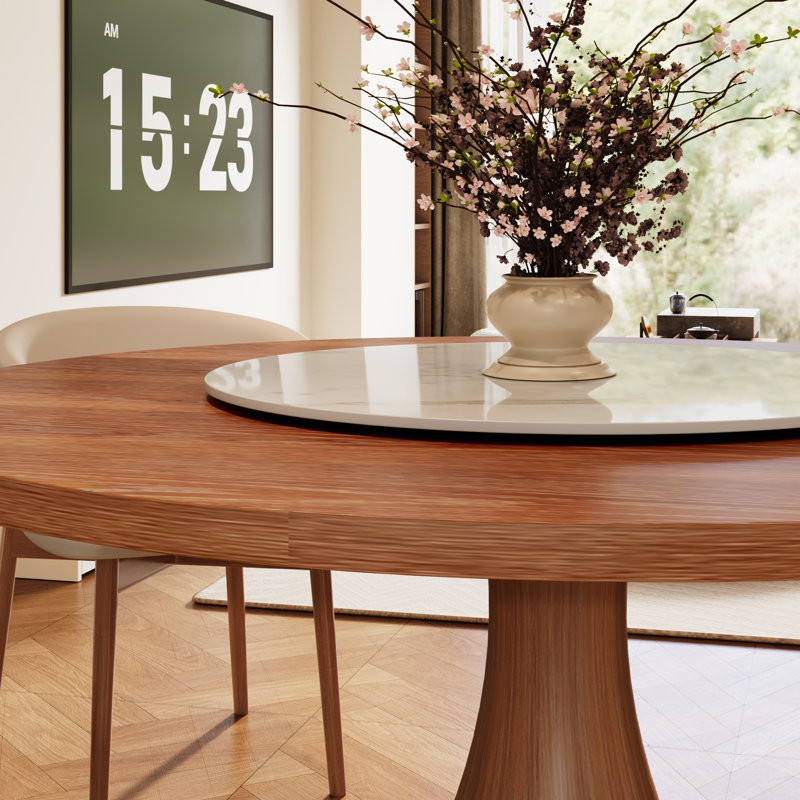 Round Mid-Century Farmhouse Solid Wood Dining Table Set With 360° Silent Turntable, 29.52"Н x 59.06"L x 59.06"W