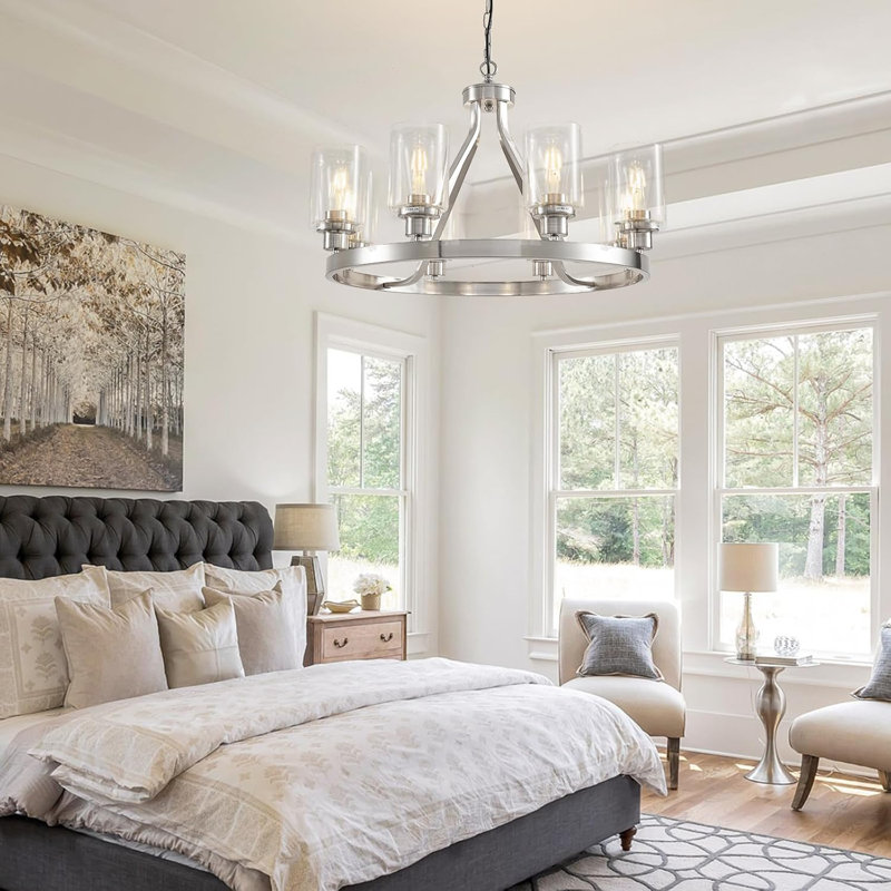 Modern 8-Light Chandelier With Adjustable Height, Brushed Nickel Finish, And Glass Shade For Dining Room, Kitchen, Or Living Room Ceiling Lighting