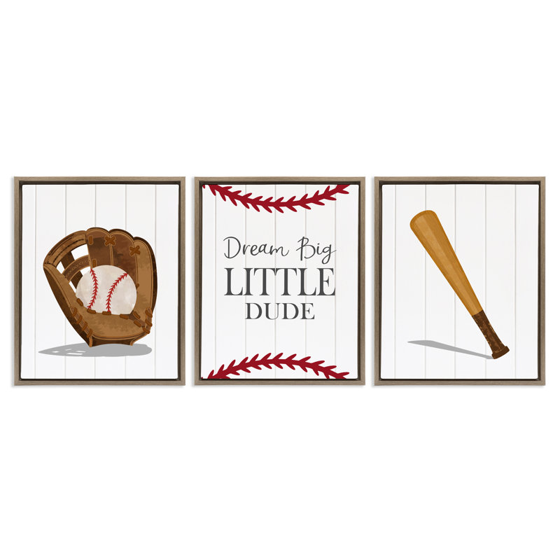Obtenez votre jeu de baseball sur un ensemble de cadres flottants 3 pièces, design par Christine Simpson Art