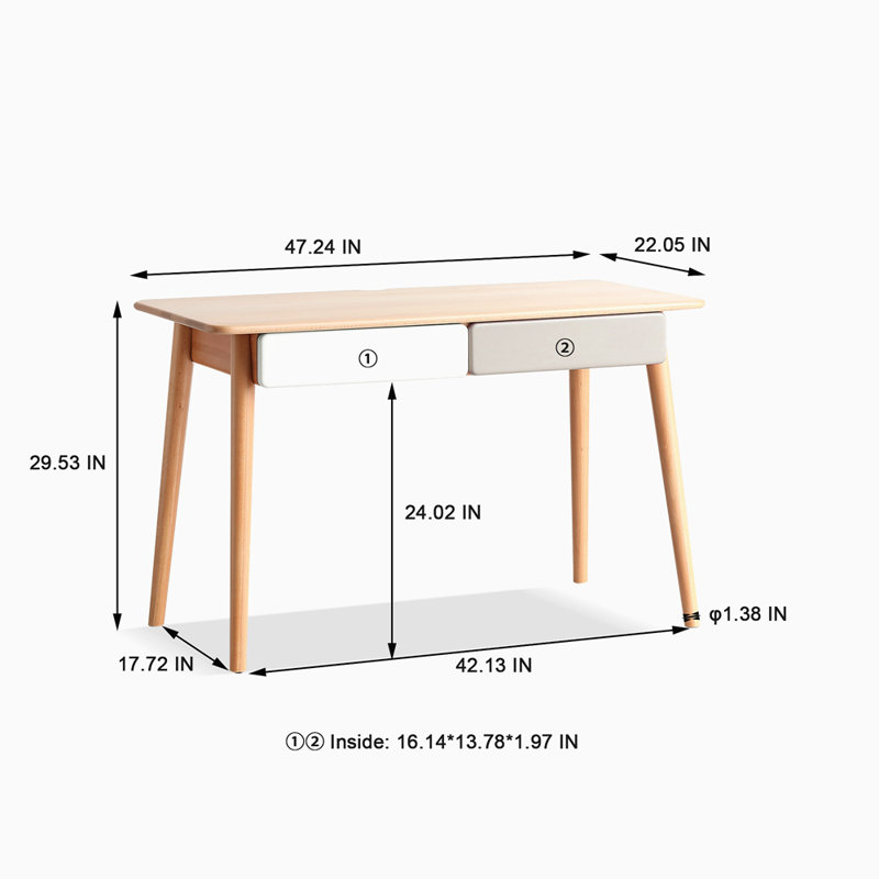Solid Wood Computer Desk - 47'' Large Size Office Desk With 2 Drawers, Modern Simple Style PC Table With Gap Design For Home Office, Work, Student, Study, Makeup Workstation (Beech)