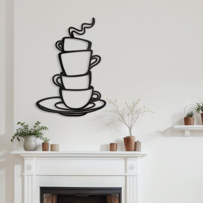 Décoration murale abstraite murale tasse à café, H 24 po x l 17,14 po x P 0,05 po, Noir