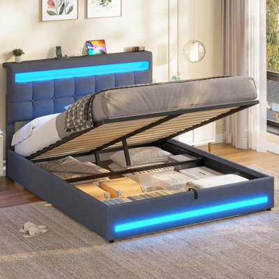 Ottoman Bed Frame with Charging Station & LED Lights, Upholstered Platform Bed frame with Under-bed Storage and Storage Headboard, No Box Spring Needed