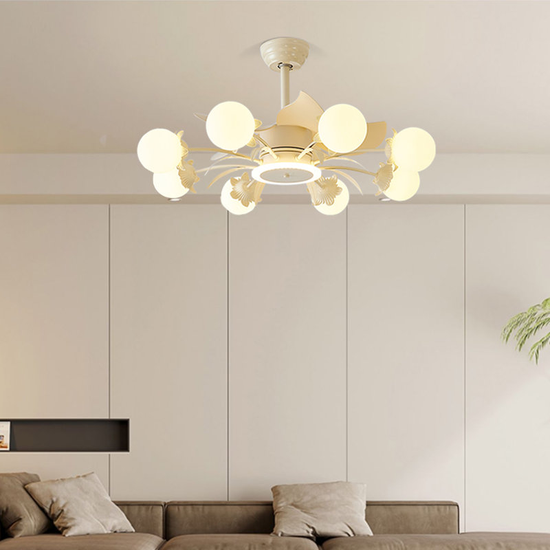 Ventilateur de plafond lustre 31 "avec lumière et télécommande avec abat-jour sphérique laiteux, Crème