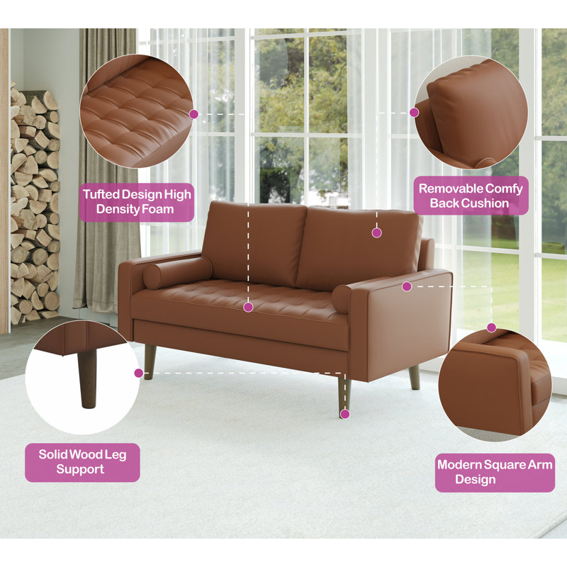 Canapé à accoudoirs carrés en cuir Bridgeview, Cuir brun végétalien, H 33 po x l 58 po x P 32 po