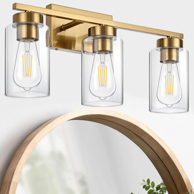 Brushed Gold 3-Light Bathroom Vanity Light, Farmhouse Wall Sconce With Clear Glass Shade, Dimmable For Mirror Lighting