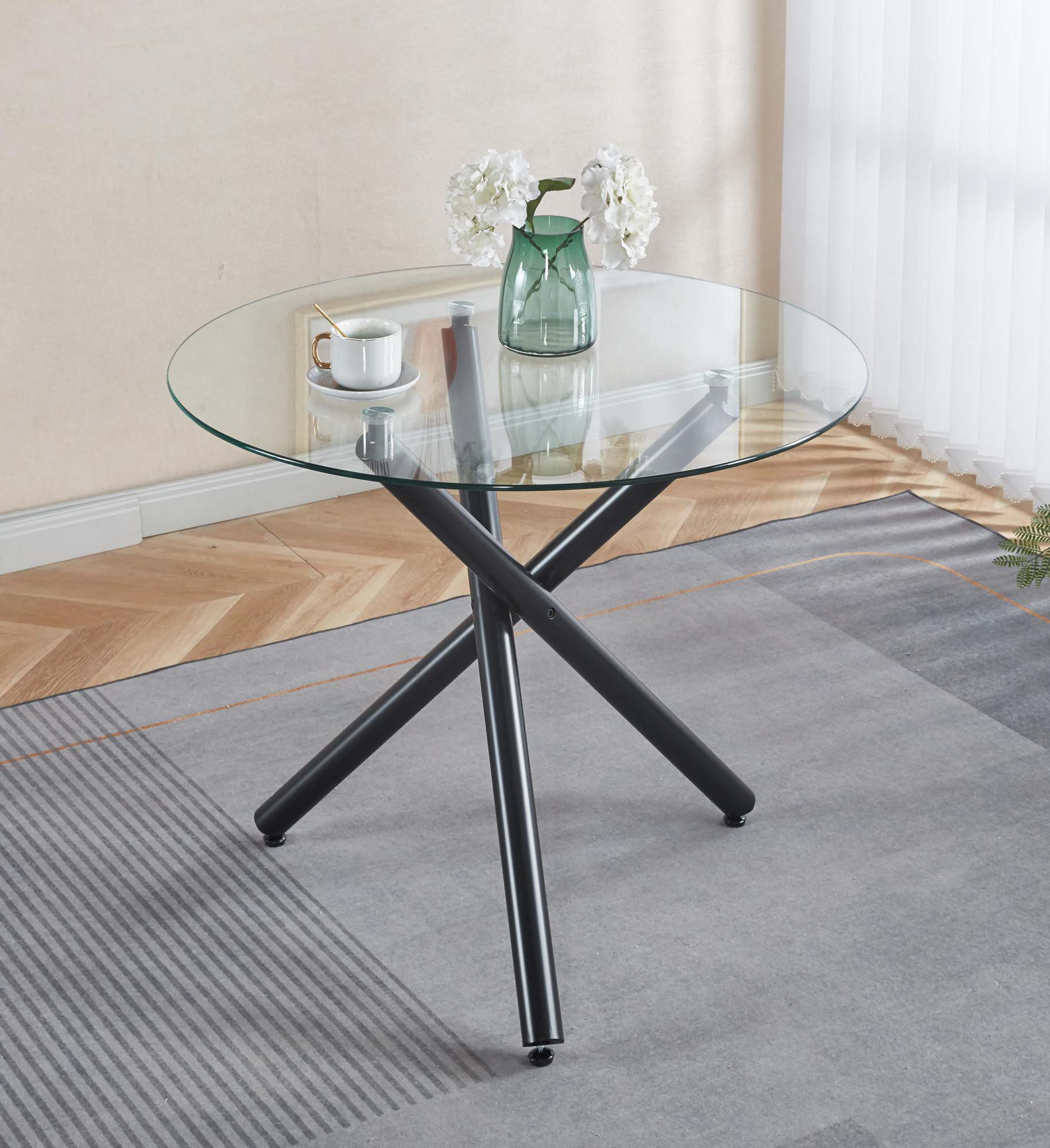 Mercer41 Dining Table with Cross Metal Leg and Tempered Glass,Modern ...