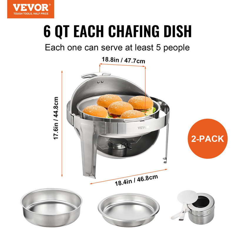 Ensemble de buffet à vaisselle à roulettes, paquet de 6 pte, 2 pièces en acier inoxydable avec 2 casseroles pleine grandeur, desserte ronde pour service de traiteur avec couvercle support à carburant, pour au moins 5 personnes chacune