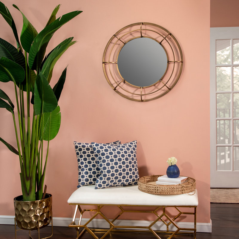 Modern Metal and Glass Wall Mirror with Openwork Frame - Contemporary Round Decorative Accent., Gold 
