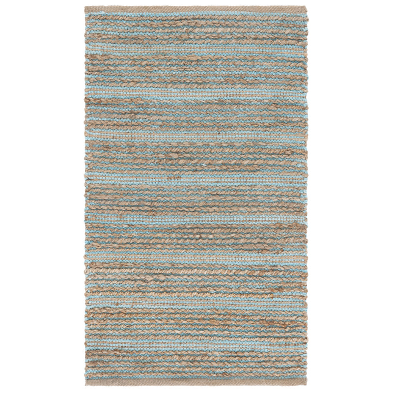 Handmade Rectangular Blue and Beige Cotton Stripe Rug