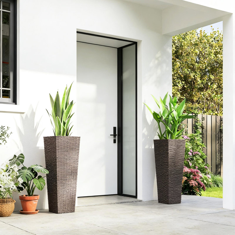 Boîte à fleurs de 2 jardinières de style moderne, 32 pouces de hauteur, capacité de 4 gallons, drainage efficace, poids léger, empilable, pots bruns, hauteur, sans assemblage