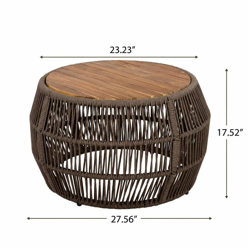 Table d'appoint ronde en bois d'acacia avec structure en corde tissée à la main, plateau en bois massif durable, capacité de poids de 150 lb, aucun assemblage requis, table d'appoint résistante aux intempéries pour le patio, la cour arrière, le salo