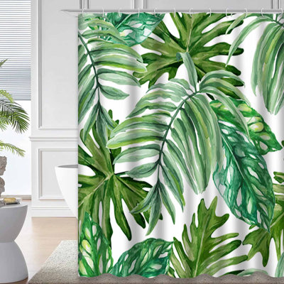 Green Exotic Palm Leaves Rainforest Watercolor Shower Curtain with 12 Hooks