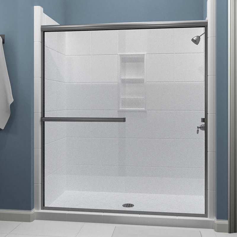 Porte de douche à dérivation semi-sans cadre 53 po x 67 po Lese, Transparent, Nickel brossé