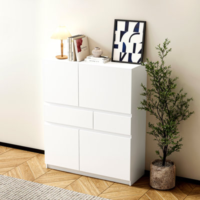 Armoire de rangement en bois blanc avec 4 portes et 2 tiroirs