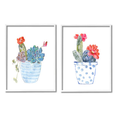 «Vivid Cactus Blossoms Pott» par Sally Swatland - Ensemble de 2 peintures sur bois
