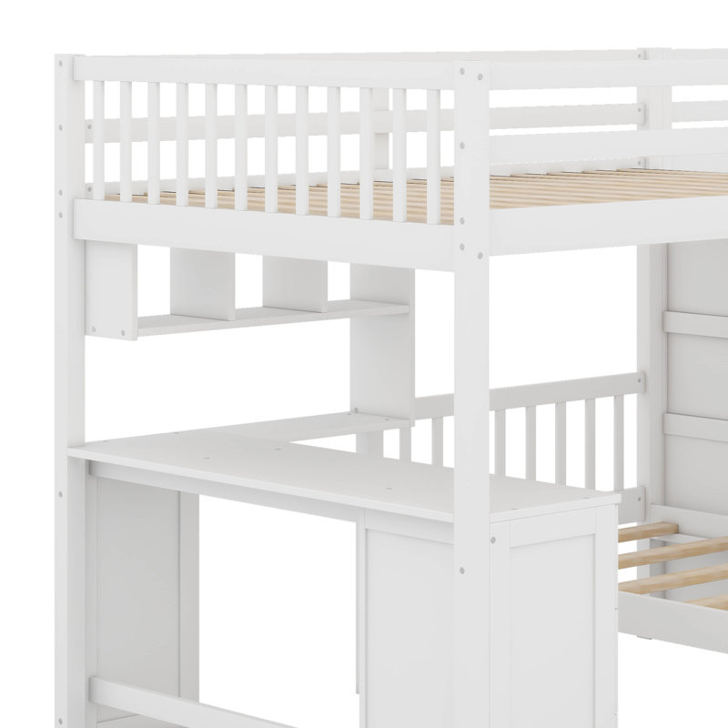 Lit superposé double au-dessus de simple avec tiroirs, bureau et tablettes, Blanc