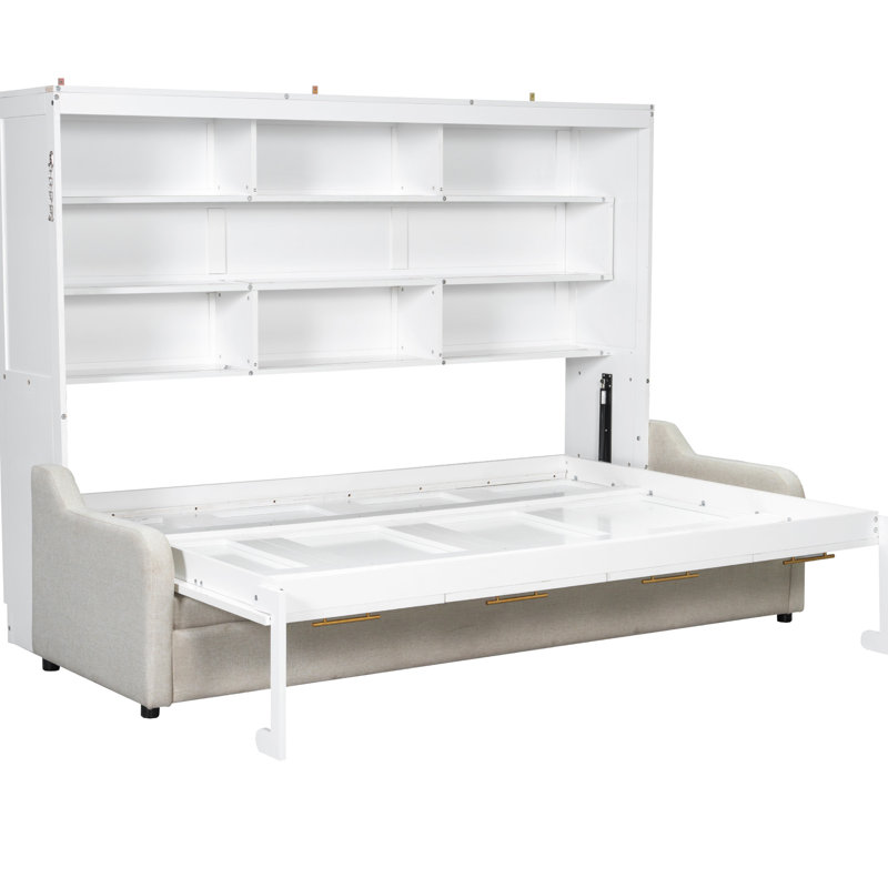 Grand lit beige avec tablettes pliantes, rangement et DEL - une pratique élégante intégrée confortable