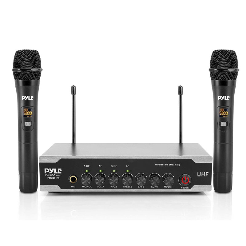 Pyle Portable Uhf Wireless Microphone System - Battery Operated Dual Bluetooth Cordless Microphone Set, Includes 2 Handheld Transmitter Mic, Receiver Base, Aux, RCA, For PA Karaoke DJ Party -PDWM2125