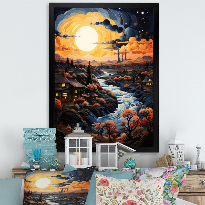 «Van Gogh», reproduction d'art sur toile, «Vangogh Village At Sunset I», H 40 po x l 30 po x P 1,5 po, Cadre simple noir