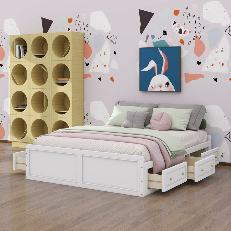 Base de lit plateforme en bois pour grand lit comprenant six tiroirs, Blanc