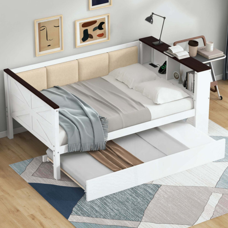 Wood Daybed With Storage Shelves, Upholstered Backrest,USB And Trundle, Twin
