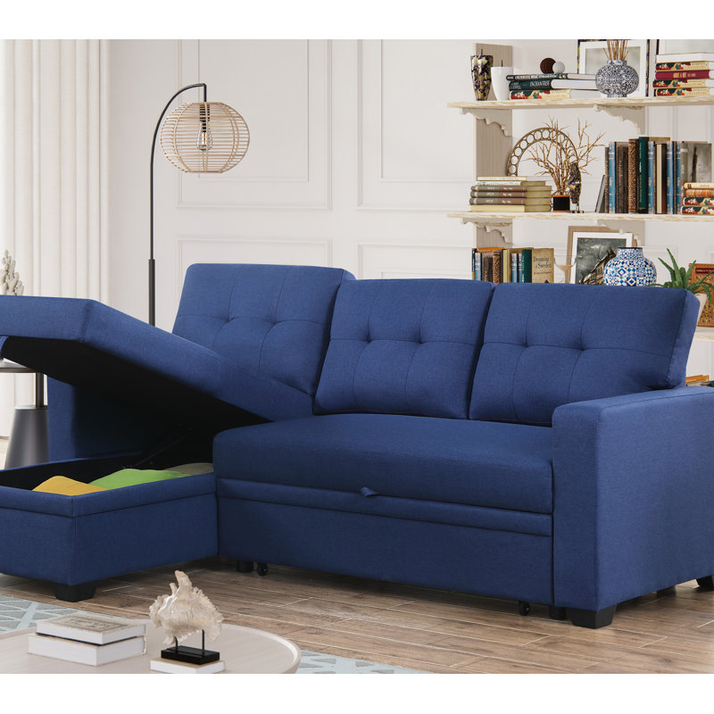 Canapé modulaire convertible rembourré avec méridienne coulissante, Orienté à droite, Lin bleu