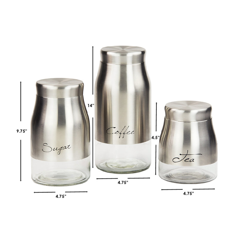Ensemble 3 pièces de pots en acier inoxydable Home Basics avec base vitrée transparent, argent