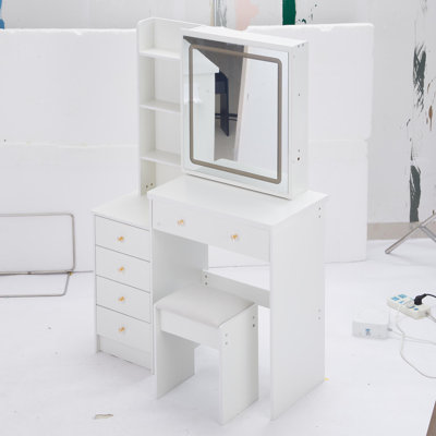 Raga Makeup Vanity with Sliding LED Mirror, Stool & Spacious Storage