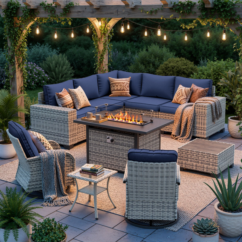 10-Piece Outdoor Patio Sectional Conversation Set With Fire Pit Table And Swivel Rocker Chairs, Navy Blue