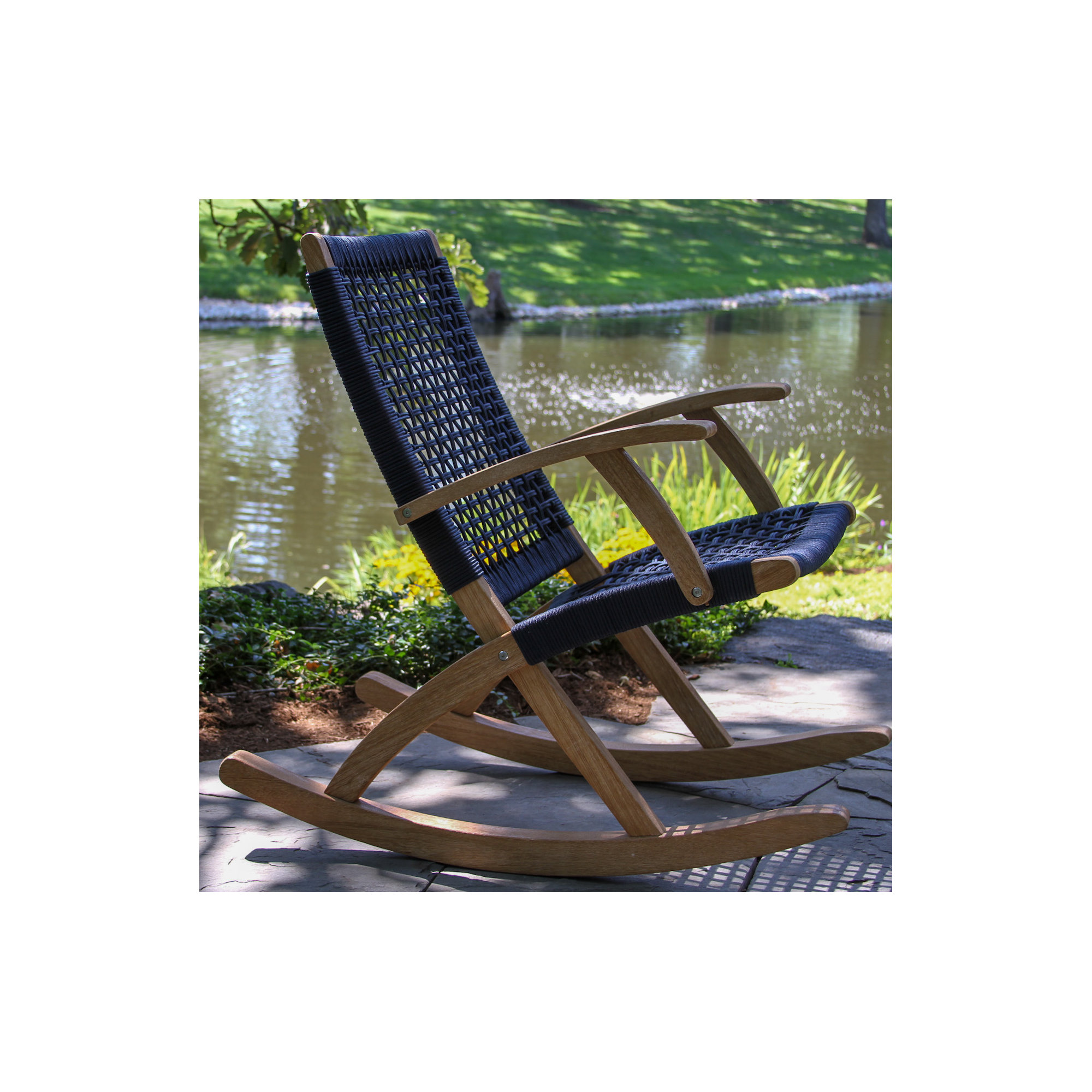 Outdoor Brayson Rocking Solid Wood Chair, Light Brown/Blue Rope