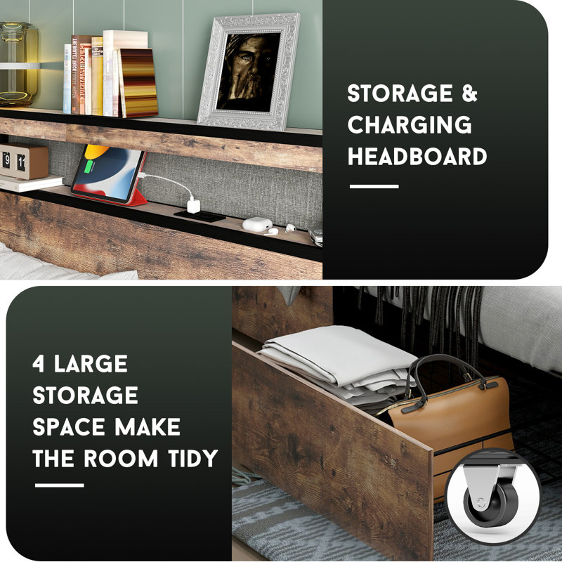 Bed Frame with 4 Storage Drawers and 2-tier Solid Wood Headboard Storage With Charging Station and LED Lights, Noise Free